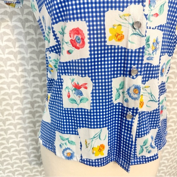 Vtg 90s Blue Plaid Floral Print Flower Button Down Shirt Polyester Y2K Jr Large - Picture 4 of 8